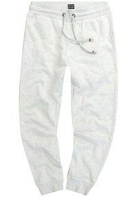 Lichtgrijze sweatpants van zacht materiaal, met een elastische tailleband met touwtjes, zijzakken en smalle boorden bij de enkels.