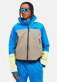 Farbige Jacke in Blau, Beige und Neon-Gelb. Mit einem Reißverschluss vorne, zwei vorderen Taschen und einer Kapuze. Hergestellt aus wasserabweisendem Material.