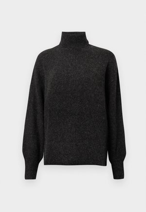 Maglione grigio scuro a collo alto, lavorato a maglia, con maniche ampie e una vestibilità rilassata. Texture morbida con un motivo sottile su tutta la superficie.