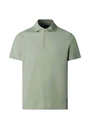 Jasnozielona koszulka polo z krótkim rękawem, trzema guzikami i klasycznym kołnierzykiem, przedstawiona na białym tle.