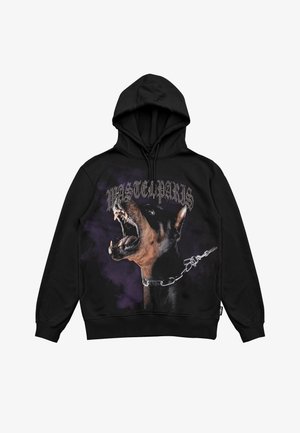 Felpa nera con cappuccio che presenta una grande grafica di un Rottweiler che ringhia con un collare a catena, accentuato da fumo viola e testo "WASTEDPARIS".