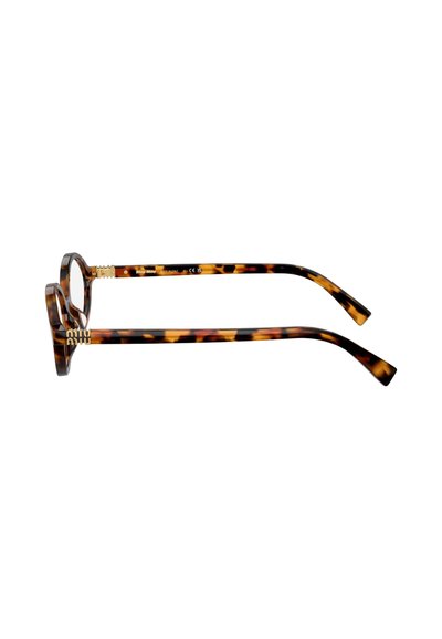 Lunettes écaille de tortue avec une monture ronde, en acétate épais et brillant, ornées d'accents dorés sur les branches et dotées de branches courbées.