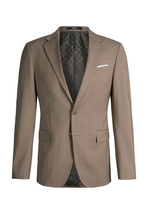 Beiger Herren-Blazer mit schmaler Passform, klassischem Revers, zwei vorderen Knöpfen, Pattentaschen und einem gemusterten dunkelgrauen Innenfutter.