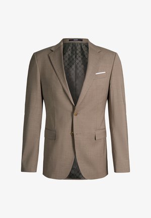 Veste blazer beige pour homme, cintrée, avec revers crantés, deux boutons à l'avant, poches à rabat et doublure intérieure gris foncé à motif.