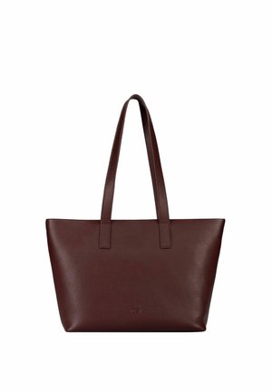 Sac fourre-tout en cuir marron foncé avec deux longues anses et un corps lisse et structuré sur fond blanc.