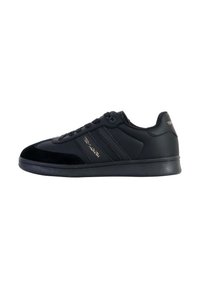 Black sneaker featuring a smooth leather upper with suede accents, lace closure, and a textured rubber sole. Gold logo detail on the side.