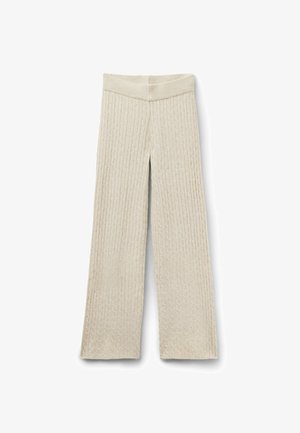Pantaloni a gamba larga in maglia costina color crema con vita aderente. Il tessuto presenta un motivo strutturato con linee in rilievo e un aspetto morbido.