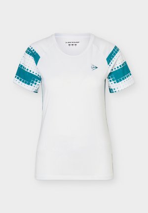 Biała sportowa koszulka Dunlop z krótkim rękawem, z turkusowymi geometrycznymi wzorami na rękawach oraz małym logo Dunlop na piersi.