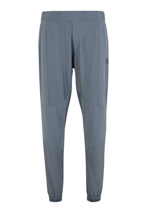 Grå træningsbukser med en tapered design, elastiske manchetter og kontrasterende sidepaneler, lavet af et let og strækbart materiale.