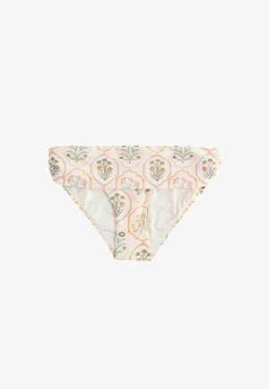 Fund de bikini cu talie joasă, cu un fundal crem și un model repetat de medalioane florale pastelate în portocaliu și verde.