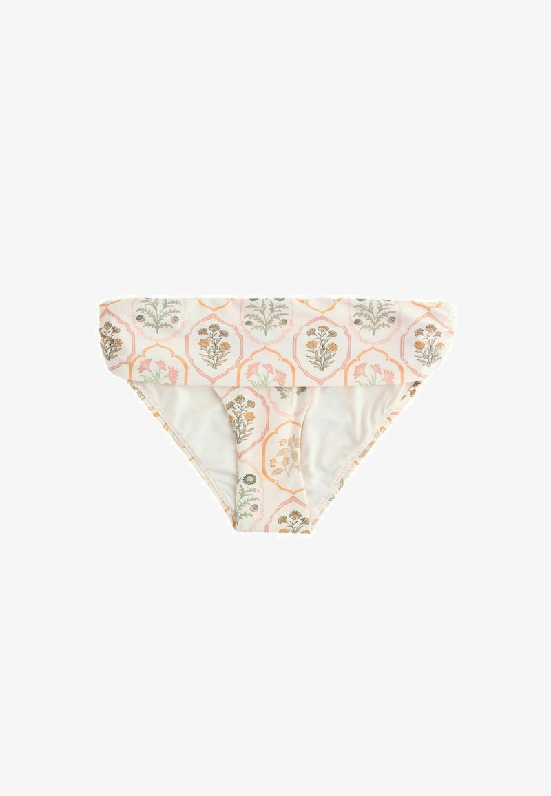 Bas de bikini taille basse avec un fond crème et un motif répété de médaillons floraux pastel en orange et vert.