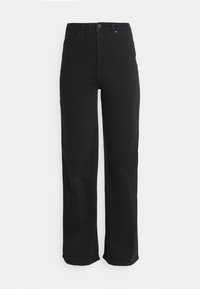 Svarta rakbenade jeans i denim. Högmidjade med knappstängning och fem fickor. Slät textur utan synliga mönster.