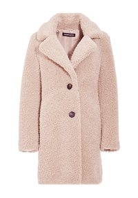 Fleece-Mantel in Hellbeige mit einem eingekerbten Kragen, zwei vorderen Knöpfen und einer strukturierten Oberfläche. Hat eine traditionelle Mantelsilhouette.