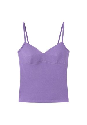 Caraco violet ajusté avec fines bretelles et détails subtils de couture sous la poitrine, présenté sur fond blanc.