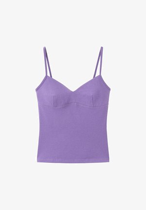 Caraco violet ajusté avec fines bretelles et détails subtils de couture sous la poitrine, présenté sur fond blanc.