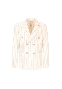 Blazer doppiopetto in tessuto crema con righe verticali. Presenta due tasche frontali e bottoni in metallo. Design del collo notevole.