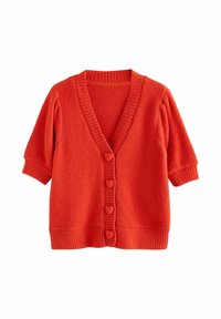 Rdeč kardigan s kratkimi napihnjenimi rokavi, izrezom v obliki črke V in gumbi v obliki srca. Izdelan iz teksturiranega materiala z rebrastimi poudarki na robovih.