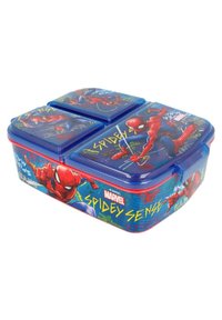 Plastik-Lunchbox mit blauer Basis und Spider-Man-Grafiken, roten Akzenten, drei Fächern und leuchtendem "Spidey Sense"-Text.