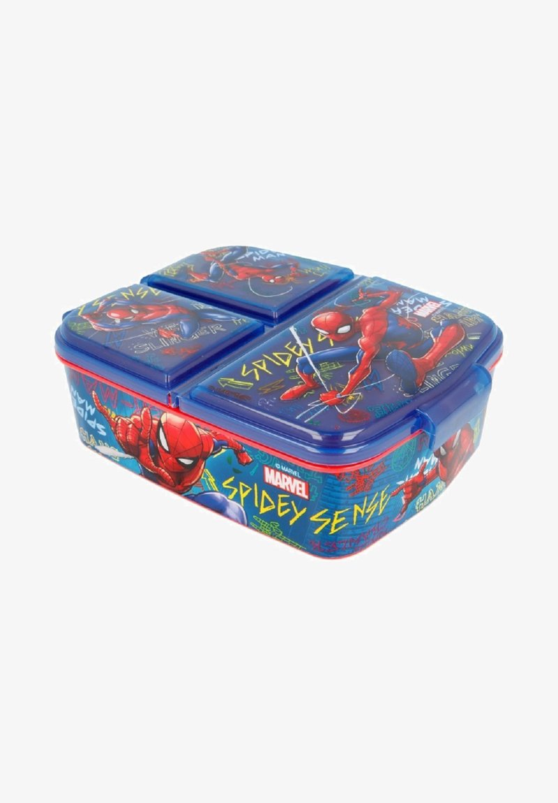 Plastic lunchbox met een blauwe basis en Spider-Man graphics, rode accenten, drie compartimenten en levendige "Spidey Sense" tekst.