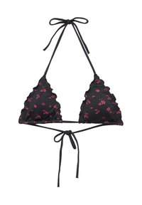 Schwarzer Bikini-Oberteil in Dreiecksform mit gewellten Kanten und rosa Blumenstickerei. Verfügt über Nacken- und Rückenschlaufen für eine verstellbare Passform. Weicher Stoff.