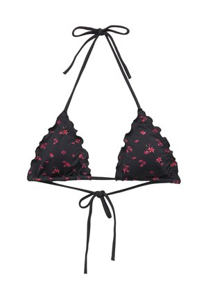 Haut de bikini noir en triangle avec des bords festonnés et une broderie florale rose. Dispose de liens au cou et dans le dos pour un ajustement réglable. Texture de tissu douce.