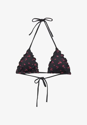 Svart triangeltopp av bikini med vågor i kanterna och rosa blommig broderi. Har nacke- och ryggband för justerbar passform. Mjuk tygtextur.