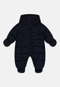 Navy blue puffer snowsuit with a hood, zippered front, and elasticized cuffs. Features two front pockets and quilted texture.