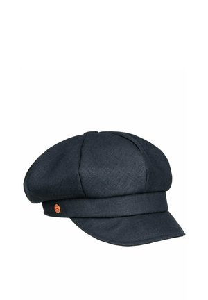 Dark navy blue newsboy cap with short, curved brim and a small round copper-colored button on the side.