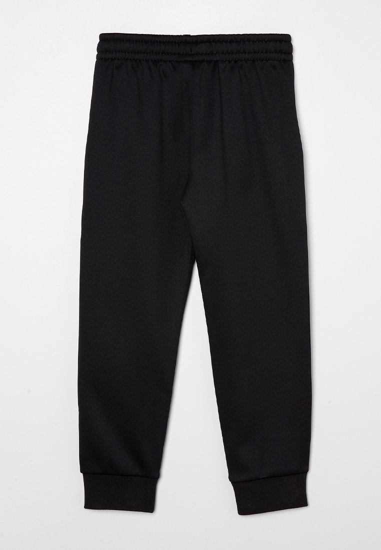 Pantalons de sport noirs en tissu lisse avec une ceinture élastique et des poignets ajustés, présentant un design simple et polyvalent.