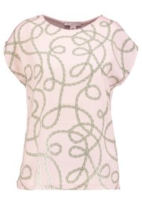 Short-sleeve pink blouse with a chain pattern in gold. Features a relaxed fit and soft fabric. Rounded neckline and smooth texture.