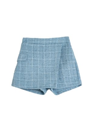 Blauwe tweed shorts met een textuurstof, voorzien van een hoge taille en een zijzak, met een ruitpatroon in lichtere en donkere draden.