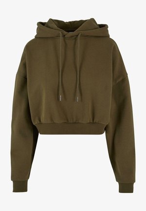 Zelenohnědá zkrácená mikina s dlouhými rukávy, stahovací kapucí, žebrovaným lemem a manžetami. Vyrobena z měkké, strukturované bavlněné směsi.