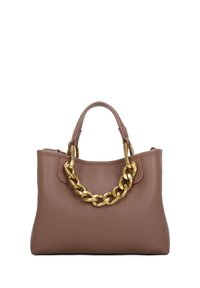 Borsa a tracolla in pelle marrone a granulatura fine con accenti in oro sulle maniglie. Forma rettangolare, ampio scomparto principale e superficie strutturata.