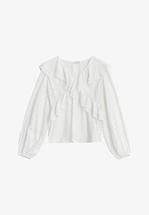 Valkoinen pitkähiha-pusero, jossa on pieniä mustia pilkkuja, röyhelöinen V-kaulus ja joustavat hihansuut.