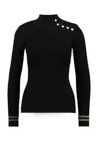 Schwarzer, gerippter Rollkragenpullover mit langen Ärmeln, verziert mit dekorativen goldenen Knöpfen auf der Schulter und metallischen Akzenten an den Bündchen.