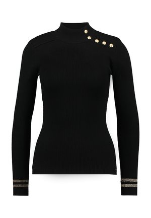 Musta ribbineuleinen pooloneule, jossa pitkät hihat, koristeelliset kultaiset napit olkapäällä ja metalliset yksityiskohdat hihansuuissa.