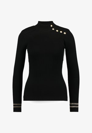 Musta ribbineuleinen pooloneule, jossa pitkät hihat, koristeelliset kultaiset napit olkapäällä ja metalliset yksityiskohdat hihansuuissa.