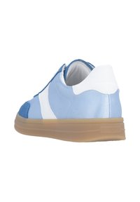 Blauer und weißer Sneaker aus Velours- und Glattleder, mit runder Zehenpartie und einer hellbraunen Gummisohle. Verfügt über ein gut erkennbares Logo.