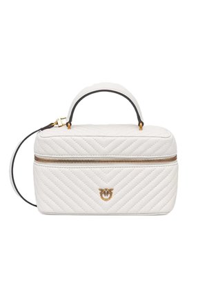 Borsa rettangolare bianca trapuntata con cerniera dorata, manico nero piccolo, tracolla staccabile e emblema d'ape dorato sul davanti.