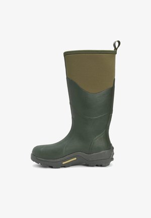 Green rubber boot with a textured surface, reinforced toe, and a flexible, dark green upper. Features a brown fabric collar and a pull tab.