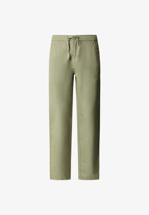 Pantalones de color verde claro, de corte holgado y confeccionados con tejido transpirable. Cuentan con cintura con cordón ajustable y piernas rectas, sin patrones ni adornos adicionales.