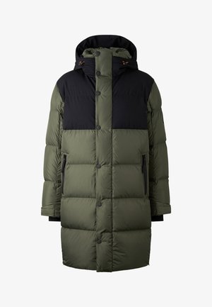 Grüne und schwarze gepolsterte Jacke mit Kapuze, Druckknopfverschluss, zwei Reißverschlusstaschen und gestepptem Design für Isolierung und Wärme.