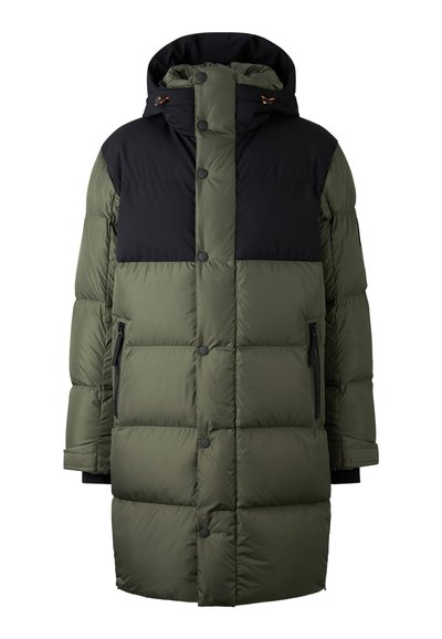 Green and black padded coat with a hood, snap-button front, two zippered pockets, and quilted texture for insulation and warmth.
