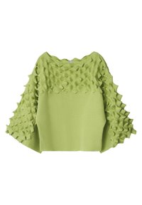 Top verde lime con rouches testurizzati lungo le maniche e il collo, caratterizzato da una vestibilità ampia e una superficie in tessuto liscia.