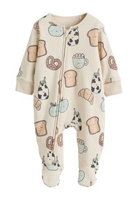 Grenouillère couleur crème avec imprimés ludiques sur le thème de la nourriture. Dispose d'une fermeture éclair frontale et de manches longues. Tissu doux avec poignets élastiques et design à pieds couvrants.