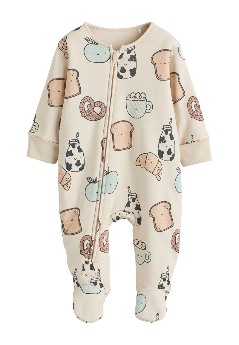 Grenouillère couleur crème avec imprimés ludiques sur le thème de la nourriture. Dispose d'une fermeture éclair frontale et de manches longues. Tissu doux avec poignets élastiques et design à pieds couvrants.