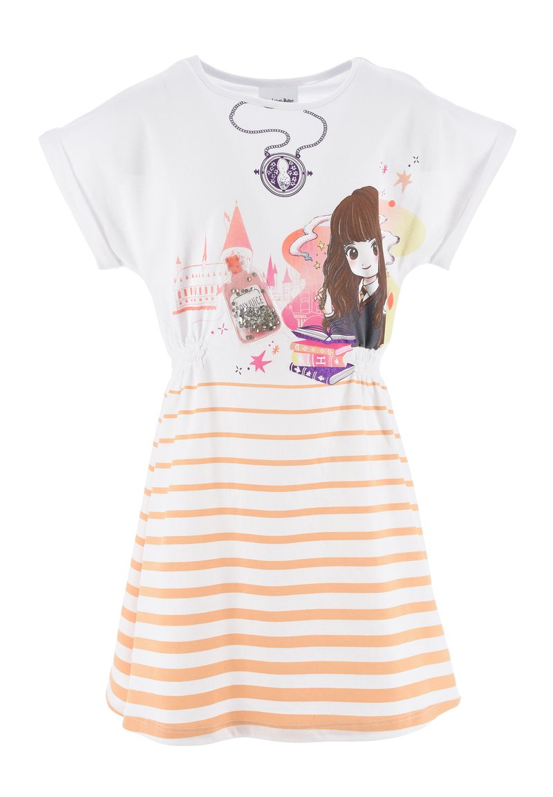 Robe blanche à manches courtes avec des rayures horizontales oranges, présentant un graphisme ludique avec une fille, des livres et des éléments décoratifs.