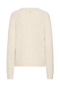 Kræmfarvet strikket sweater med et kabelstrikkemønster, rund halsudskæring og lange ærmer, samt ribbede manchetter og kant.