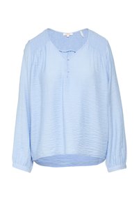 Blouse à manches longues bleu clair avec un tissu texturé, décolleté en V, détails de boutons et épaules froncées. Ourlet arrondi et poignets retroussables.