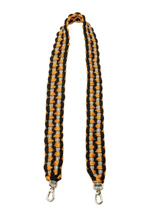 Braided strap featuring black, orange, and silver textures, with metal clips at each end for attachment. Adjustable length.